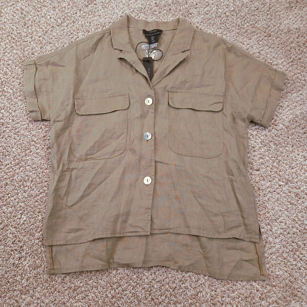 Tahari 100% Linen Button Down Shirt Top Womens S Mute Green Lagenlook Minimalist